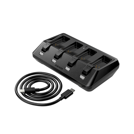 The new Four Battery Charger is what you want when you need a bunch of AXS batteries charged in a hurry. This USB-C powered charger will fill four batteries in the same time as a single charger, with charge time even faster if only one or two batteries are being charged. It also has a fast charging feature that gets the batteries to 75% extra quickly. 